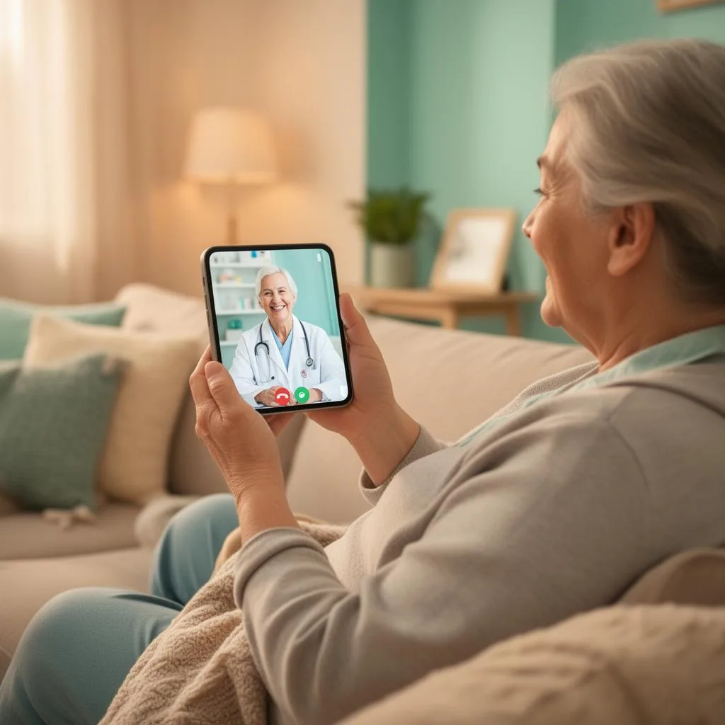 Paciente em casa, em consulta por vídeo com a médica